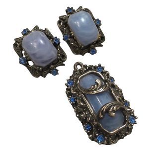 Vintage Blue Moonstone In Pot Metal Set